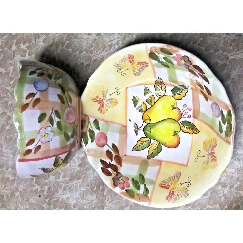 set of 2 Botanical Pattern Soup & Salad Bowls Miriam Designs chunky handpainted